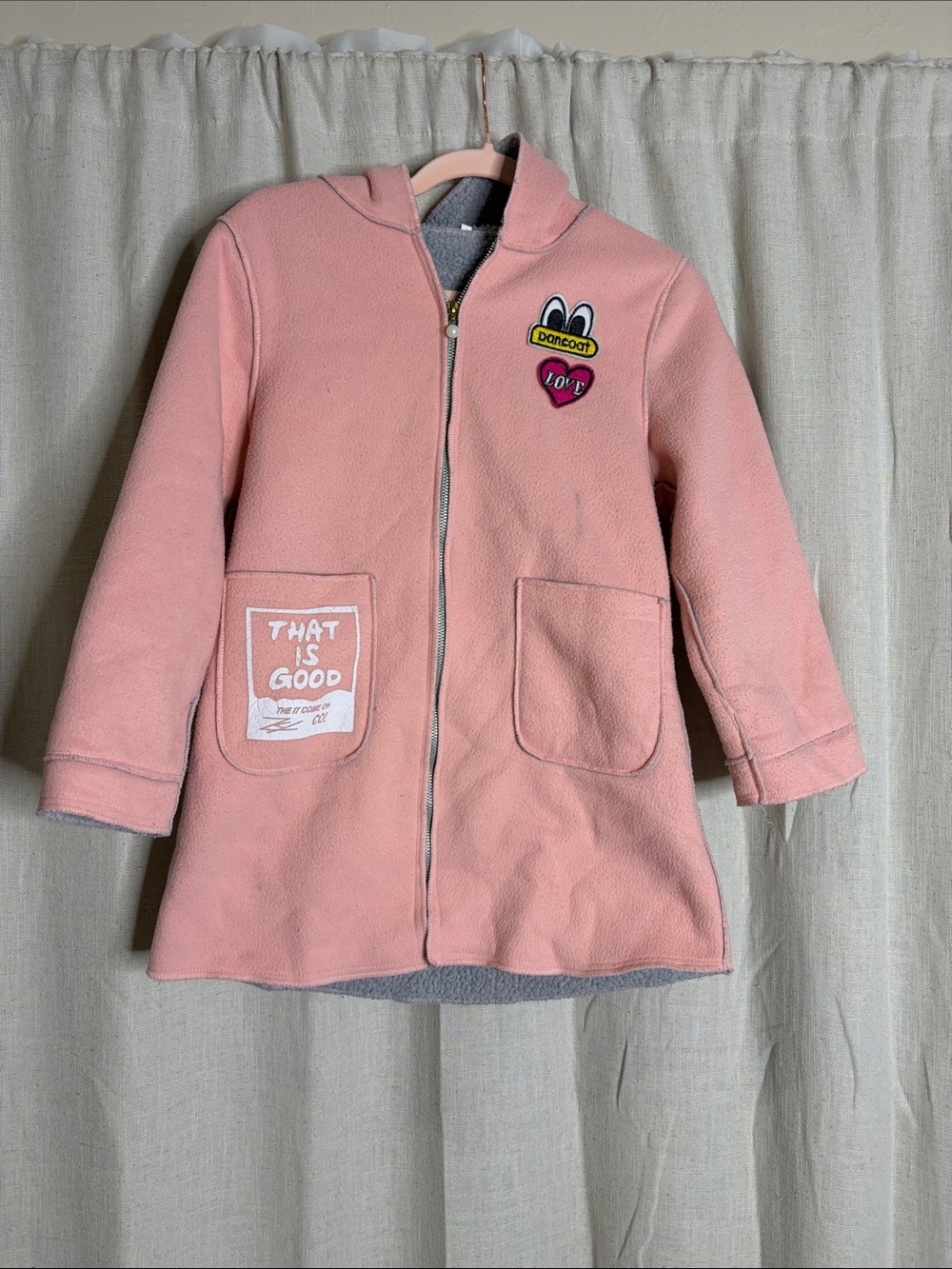Girls' Light Pink Hooded Zip-Up Puffer Coat with Patch Details